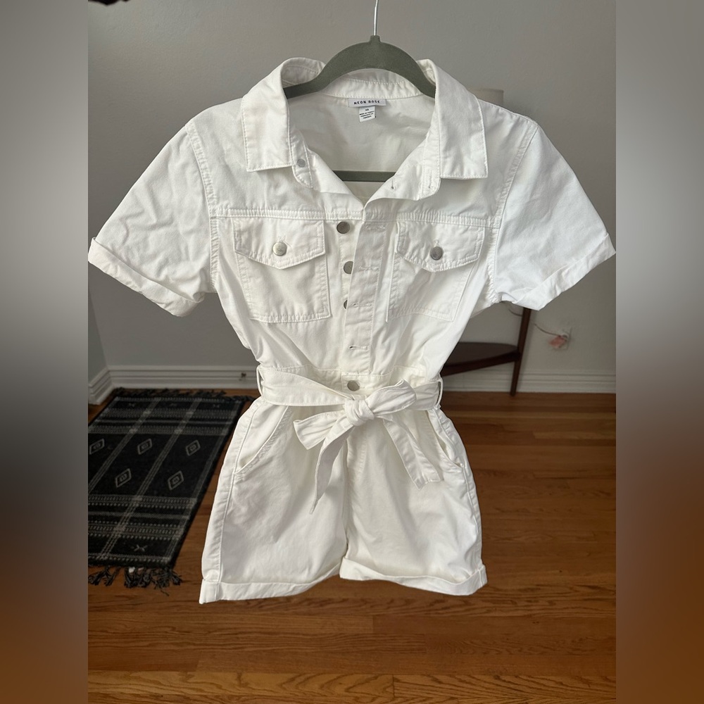 Neon Rose White Denim Romper